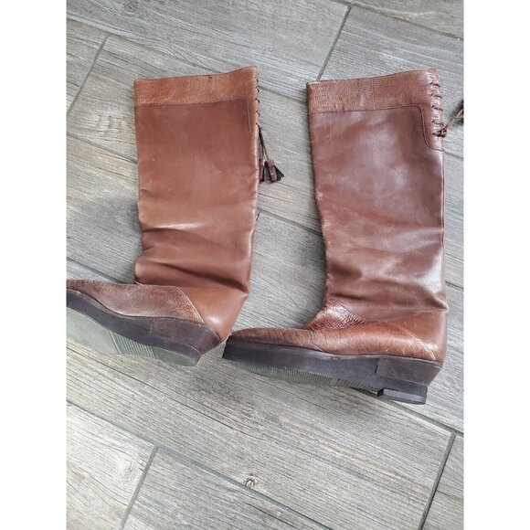 Vtg 80s Rizzo Brown Leather Dual Pattern Knee High Boots In Size 5. Resoled.Rare - Picture 1 of 6
